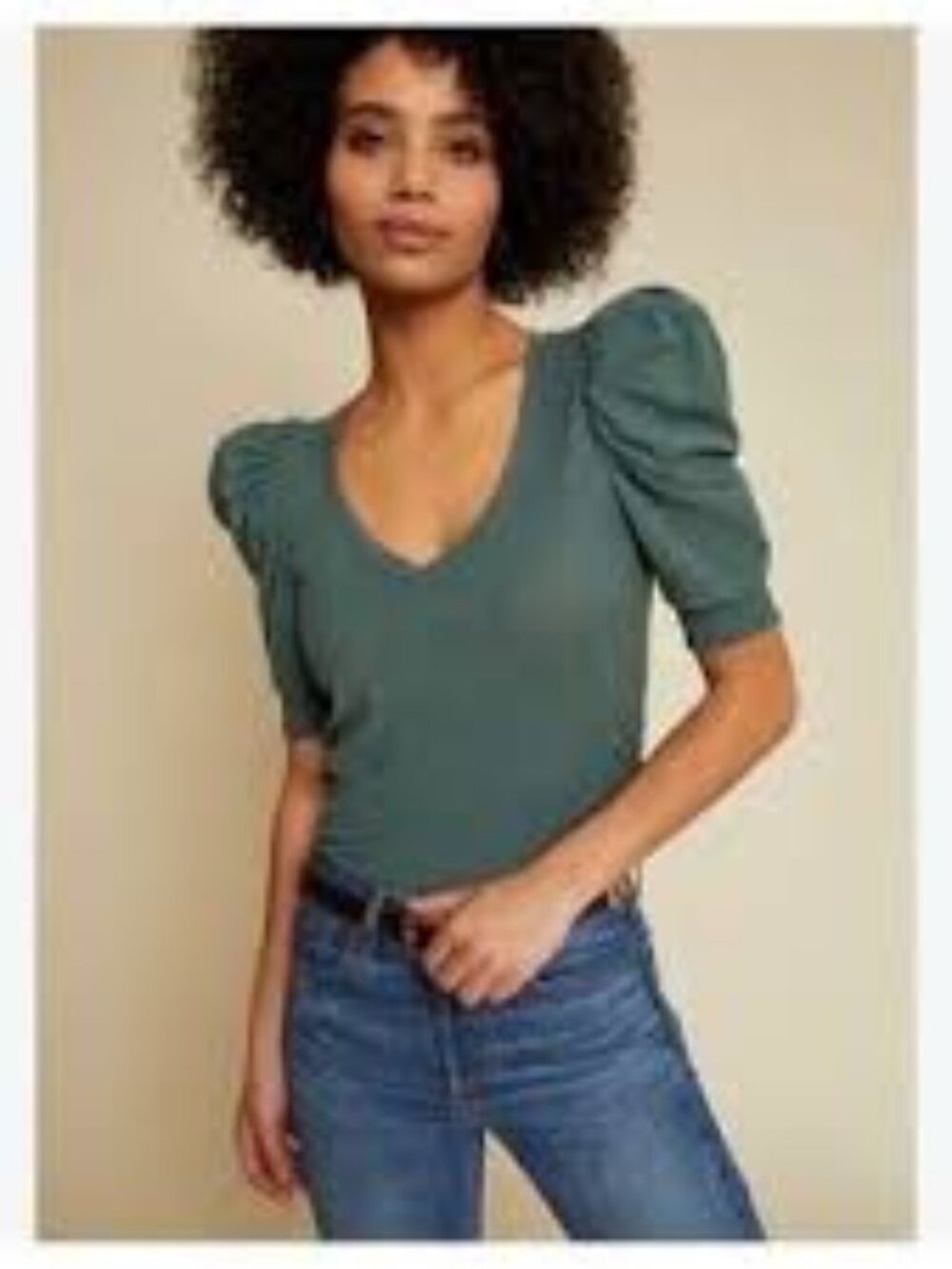 Nation LTD Celine Puff Sleeve Smocked Tee Pine Green Pima Cotton Size Small